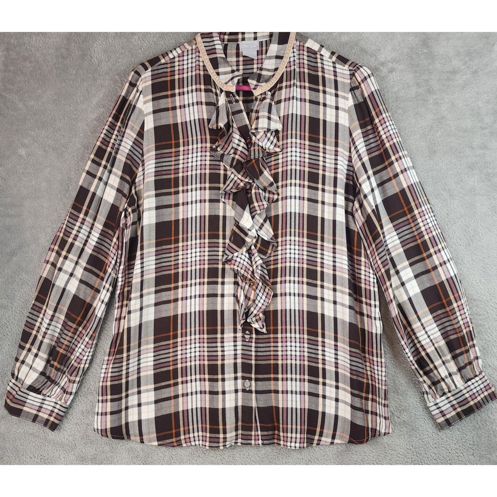 Chicos Shirt Womens Size 1  Plaid Ruffle Front Long Sleeve Button Up Casual